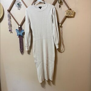 Cream Long Sleeve Ribbed Sweater Dress